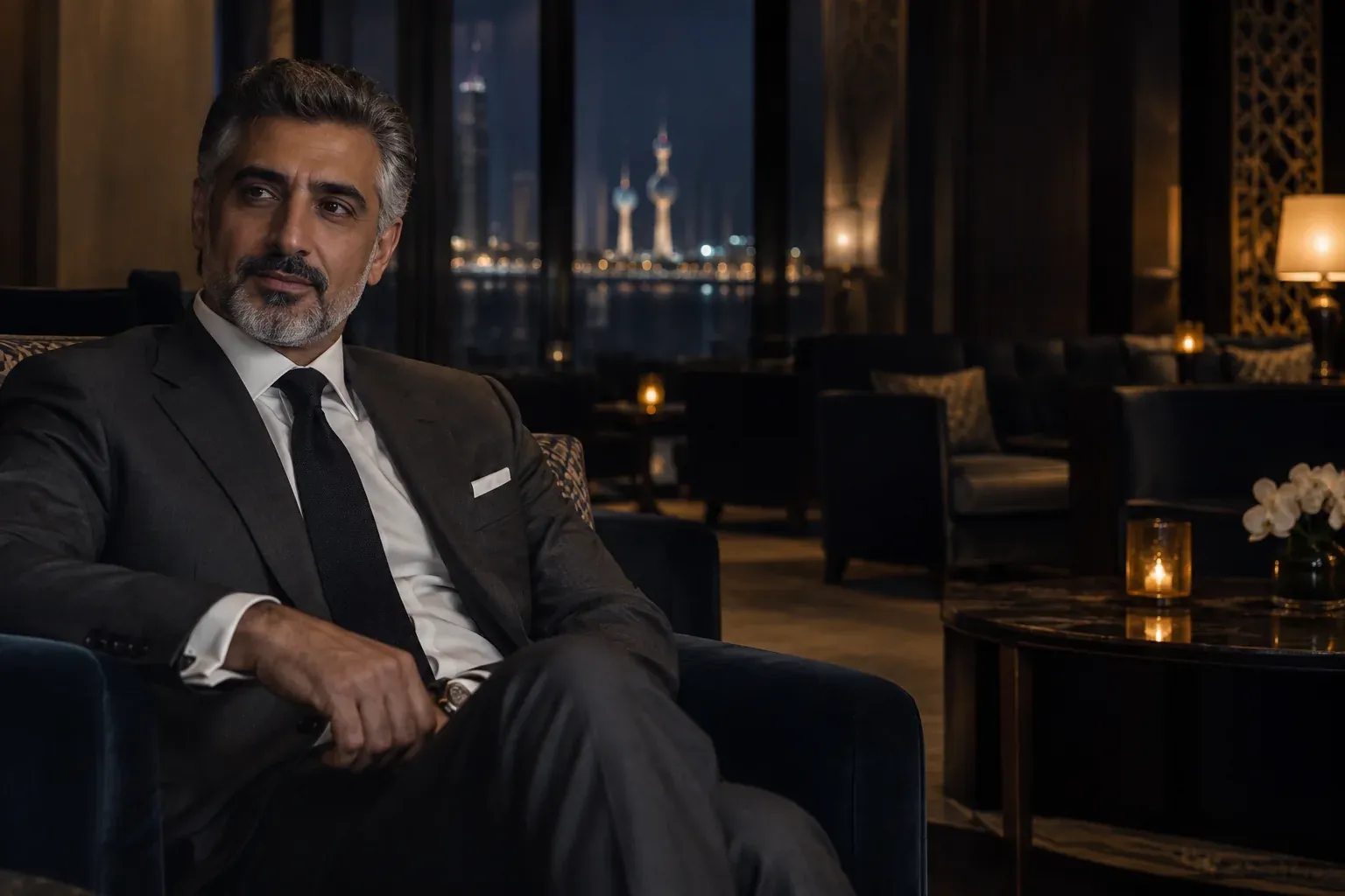 Mature man seated in an elegant Kuwait lounge