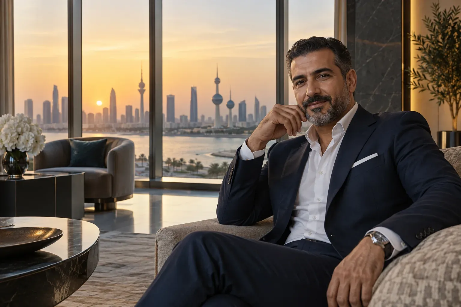 Distinguished man in a contemporary Kuwait lounge overlooking the city at blue hour