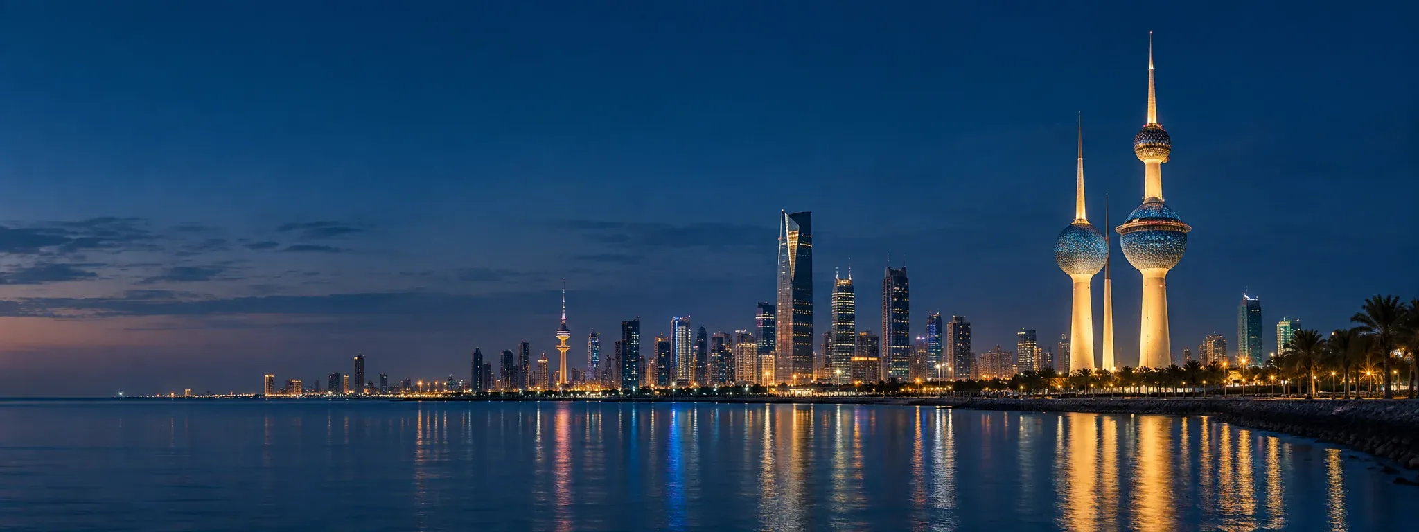 Kuwait City waterfront and Kuwait Towers at blue hour