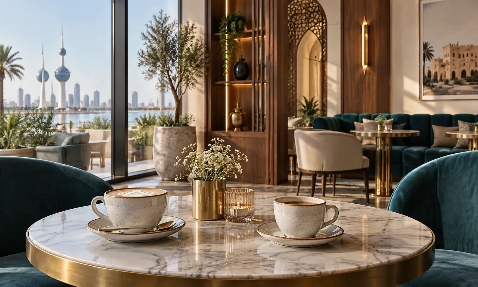 Quiet Kuwait cafe table with coffee