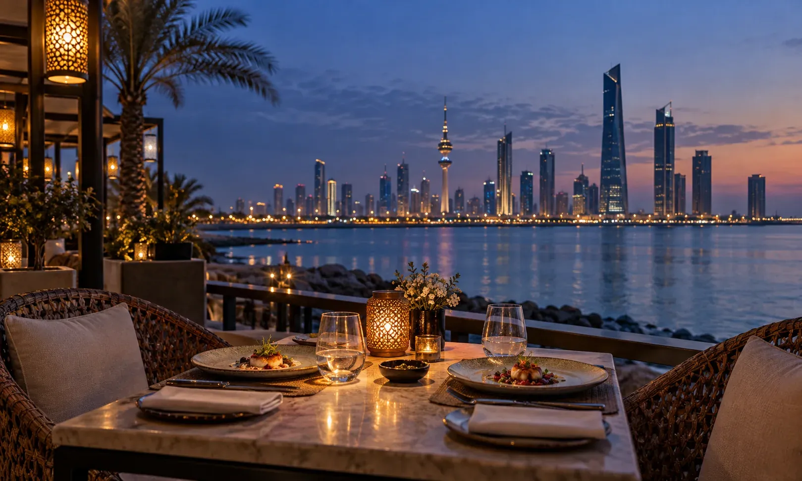 Waterfront dining table overlooking Kuwait City